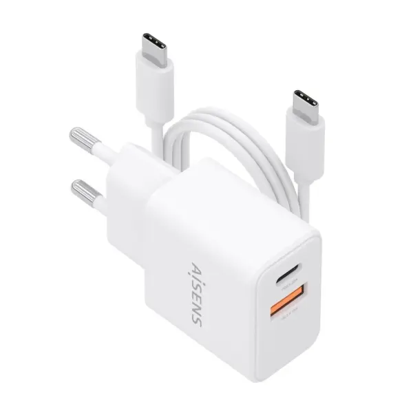 Aisens Cargador Gan 20W con 1xUSB-C PD3.0 y 1xUSB-A QC3.0, Cable USB-C 1m, Blanco