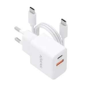 Aisens Cargador Gan 20W con 1xUSB-C PD3.0 y 1xUSB-A QC3.0, Cable USB-C 1m, Blanco