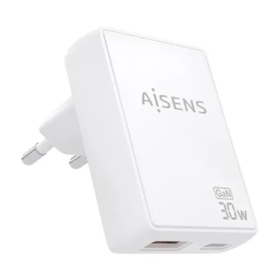 Aisens Cargador GaN Ultra Delgado 30W USB-C PD3.0 QC4.0 y USB-A QC3.0 Blanco