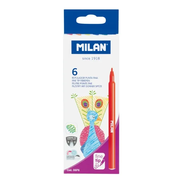 Milan Pack de 6 Rotuladores Punta Fina 2mm Tinta al Agua Colores Surtidos