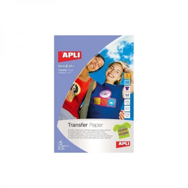 Apli Pack de 5 Hojas de Papel Transfer para Impresoras Inkjet para Ropa de Color