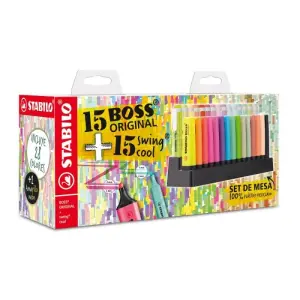 Stabilo Set de Mesa con 15 Marcadores Boss y 15 Marcadores Swing Cool - Tinta a Base de Agua