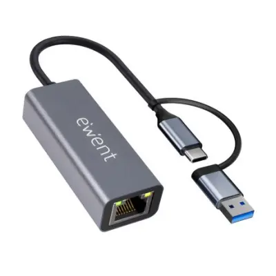 Ewent Adaptador USB-C y USB-A a Ethernet Gigabit 10/100/1000 Mbps - 15 cm - Gris