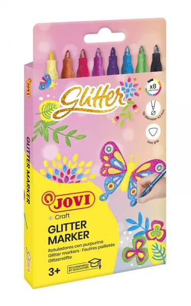 Jovi Glitter Marker Caja con 8 Rotuladores Efecto Purpurina - Tinta Base Agua - Grip Triangular Ergonomico - Punta Resistente - Tapon de Seguridad - Trazo Homogeneo - Color Surtido