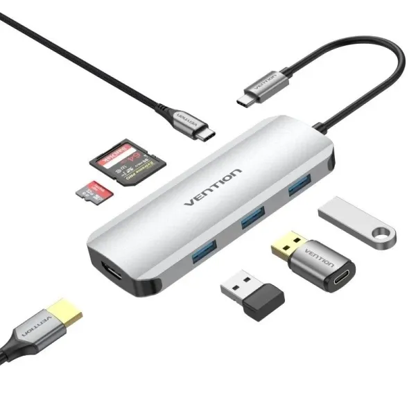Vention Docking Station 7 En 1 Usb-C A Hdmi 4K/3Xusb3.0/Sd/Tf/Pd100W - 0.15M - Color Gris