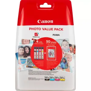 Canon CLI581XL Pack de 4 Cartuchos de Tinta Originales con 50 Hojas de Papel Fotográfico