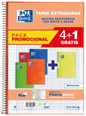 Oxford Cuaderno Espiral Write&Erase 80H Folio Milimetrado con Margen Pack 4+1