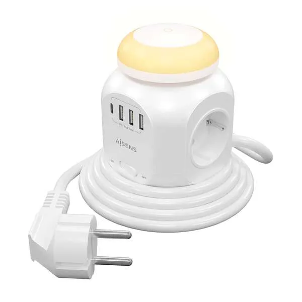 Aisens Regleta De Enchufes Sobremesa Multifuncion Con 4 Tomas + 1Xusb-C - 3Xusb-A - Luz Nocturna - 1.8M - Color Blanco