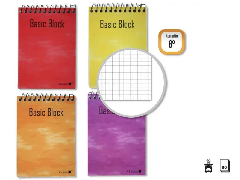 Golden Cuaderno Espiral Superior 8º Apaisado (153X102Mm) 80 Hojas 60Gr Cuadricula 4X4 - Tapa Plastificada - Margen Remarcado - Colores Surtidos