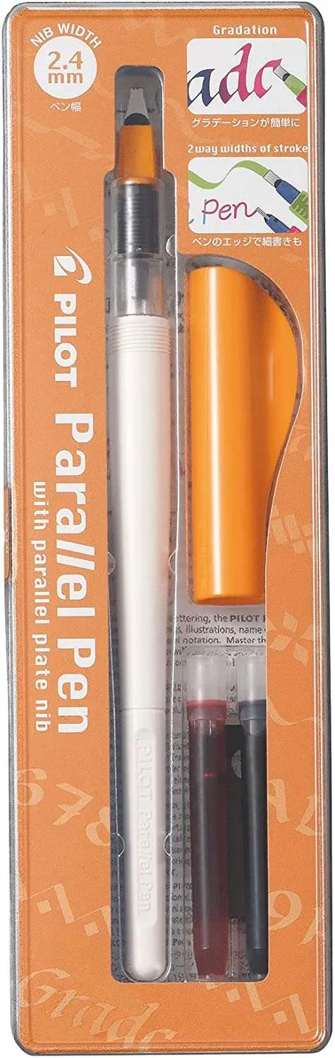 Pilot Pack De Pluma Estilografica Parallel Pen 2.4Mm - Punta De Acero - Trazo De 2.4Mm - 2 Recargas - Color Negro/Rojo