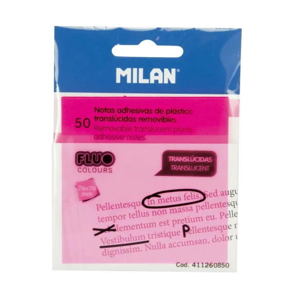 Milan Bloc Notas Adhesivas Removibles 50H 76X76 Plástico Translúcido Rosa Fluorescente