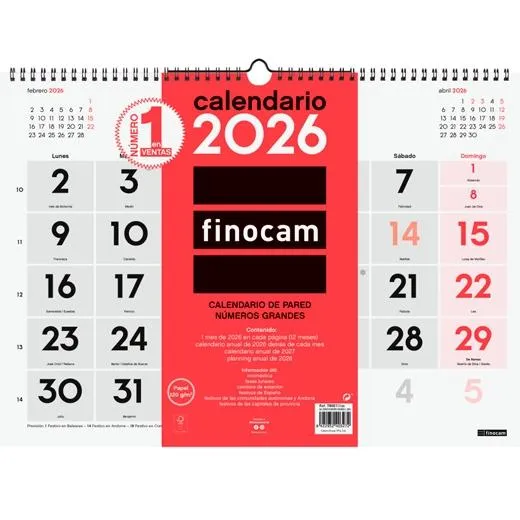 Finocam Calendario De Pared Números Grandes L-430X310Mm Mv Neutro 2026