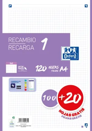 Oxford Recambio Classic 120 Hojas A4 Sueltas 90g 5x5mm 4 Taladros Malva