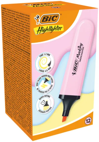 Bic Marcador Fluorescente Punta Biselada Rosa Pastel Trazo 1.20-4.60 mm Tinta Agua