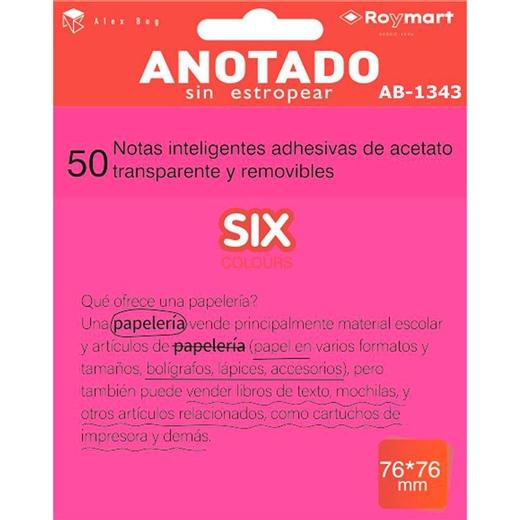 Roymart Bloc Notas Adhesivas Inteligentes Removibles 50H 76X76 Acetato Transparente Rosa Fluorescente
