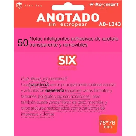 Roymart Bloc Notas Adhesivas Inteligentes Removibles 50H 76X76 Acetato Transparente Rosa Fluorescente