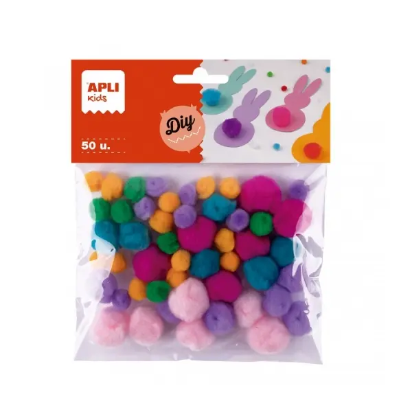 Apli Pack de 50 Pompones de Tacto Suave para Manualidades Infantiles - Colores Surtidos