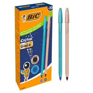 Bic Cristal Glace Pack de 20 Bolígrafos de Bola Azul Metalizado y Cobre Mate, Punta 1mm