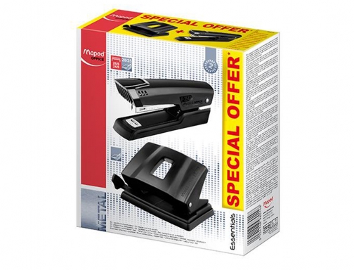 Maped Essentials Metal Pack De Grapadora Metalica E3543 + Taladro Metalico E4024 - Grapa Hasta 25 Hojas A La Vez - Admite Grapas 24/6 Y 26/6 - Perfora Hasta 25 Hojas - Color Negro