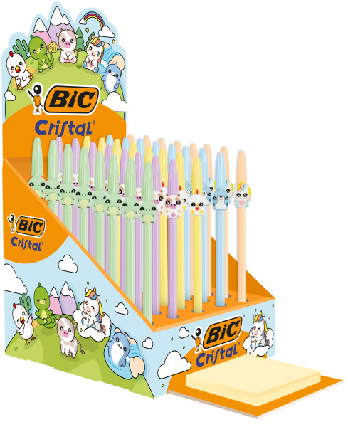 Bic Cristal Pastel Figurines Expositor Con 40 Boligrafos De Bola - Cuerpo Opaco En Colores Pastel Con Figuras De Animales - Punta Redonda De 1Mm - Trazo 0.4Mm - Tinta Con Base De Aceite - Color De La Tinta Azul