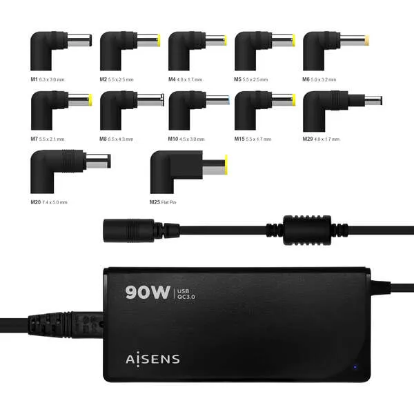 Aisens Cargador Universal Multitensión 90W Automático con 12 Conectores y USB-A QC.3.0