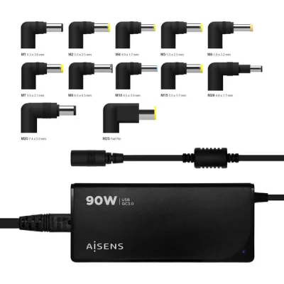 Aisens Cargador Universal Multitensión 90W Automático con 12 Conectores y USB-A QC.3.0