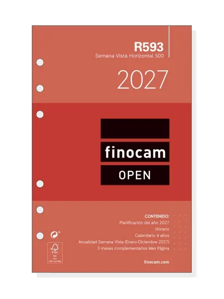 Finocam R593 Recambio Agenda Open Anual 2027 Semana Vista Horizontal 117x181mm 6 Taladros 80g/m2 Blanco