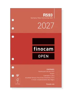 Finocam R593 Recambio Agenda Open Anual 2027 Semana Vista Horizontal 117x181mm 6 Taladros 80g/m2 Blanco