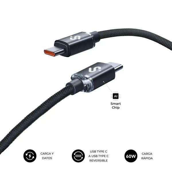 Subblim Cable USB-C 60W Nylon Trenzado 480Mbps 1 Metro Negro