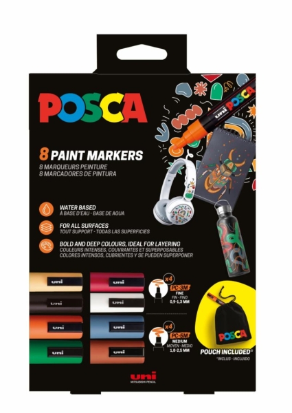 Posca Edicion Limitada Pack De 4 Marcadores De Pintura Pc5M + 4 Marcadores De Pintura Pc3M + Regalo Bolsa De Tela - Punta Redondeada - Tinta Base Al Agua - Colores Surtidos