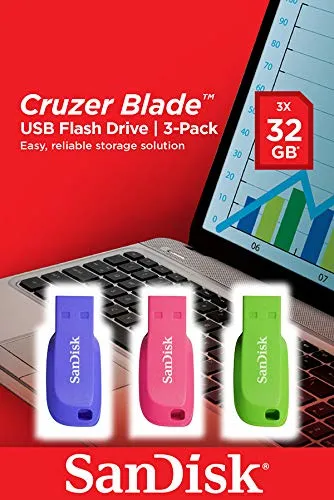 SanDisk Cruzer Blade Pack de 3 Memorias USB 2.0 32GB Ultra Compactas Colores Azul, Rosa y Verde