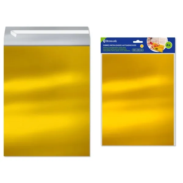 Bismark Pack De 4 Sobres Metalizados - Medidas 324X254Mm - Cierre Autoadhesivo - Ideal Para Regalos - Color Oro