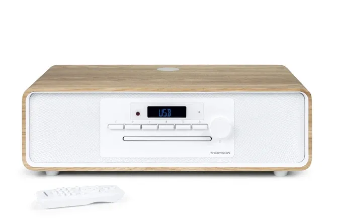 Thomson Mic300Ibt Micro Cadena 60W Bluetooth 5.0 - Reproductor De Cd, Radio Fm, Reproductor Usb (Mp3) - Funcion De Carga Inalmbrica - Mando A Distancia - Color Madera/Blanco