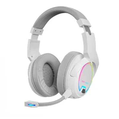 HEADSET WIRELESS MARS GAMING MHW100 WHITE 2.4GPRO CANCELACION DE RUIDO ACTIVA ENC + PASIVA DRIVERS 50mm ILUMINACION ARGB MICRO EXTRAIBLE