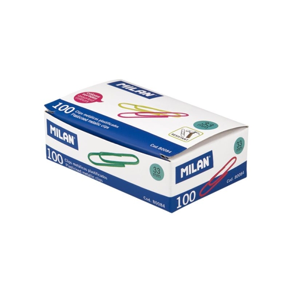 Milan Caja De 100 Clips Metalicos Plastificados 33Mm - Colores Surtidos