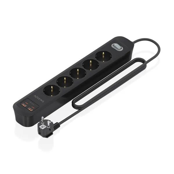Aisens Regleta Con 5 Tomas Schuko - 2Xusb-C - 2Xusb-A - Cable De 1.4M - Interruptor Con Indicador Led - Power Delivery - Qualcomm 3.0 - Color Negro