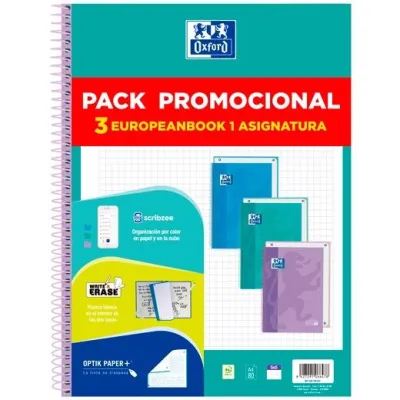 Oxford Cuaderno Europeanbook 1 Touch Write & Erase 80H A4 5x5 T/Extradura Pack 3 Ud