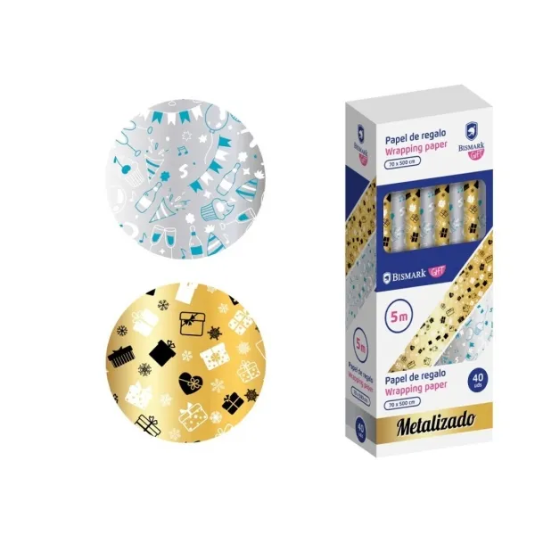 Bismark Metalizado Rollo De Papel Regalo - Medidas 70Cmx500Cm - 2 Diseños Diferentes