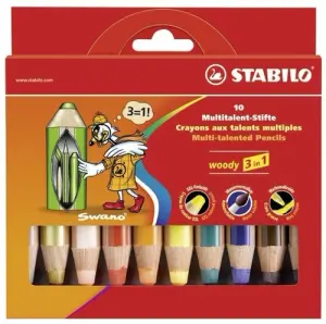 Stabilo Woody 3 en 1 Pack de 10 Lápices de Colores + Sacapuntas - Mina XXL 10mm