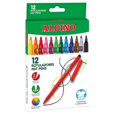 Alpino Pack de 12 Rotuladores Superlavables de 3mm - Colores Surtidos para Uso Escolar