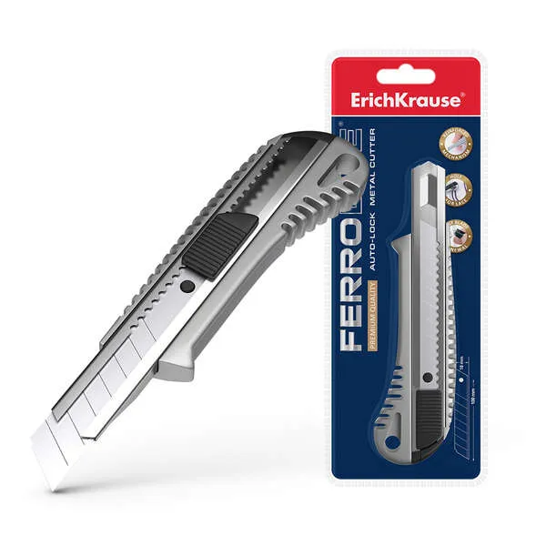 Erichkrause Cuter Metalico Con Fijador Automatico - Sistema De Retencion De Cuchilla De Autobloqueo - Partidor Incorporado - Color Plateado