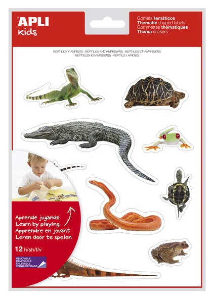 Apli Gomets Tematicos Realistas De Reptiles Y Anfibios - 120 Gomets - Imagenes Realistas Para Relacionar Animales - Adhesivo Removible - Ideal Para Escuelas - Reciclables - Coloridos