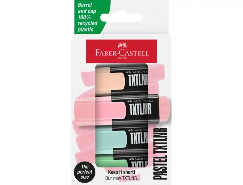 Faber-Castell Txtlnr Pack De 4 Marcadores Fluorescentes - Punta Biselada - Trazo Entre 1, 2 Y 5 Mm - Tinta Con Base De Agua - Colores Pastel Surtidos