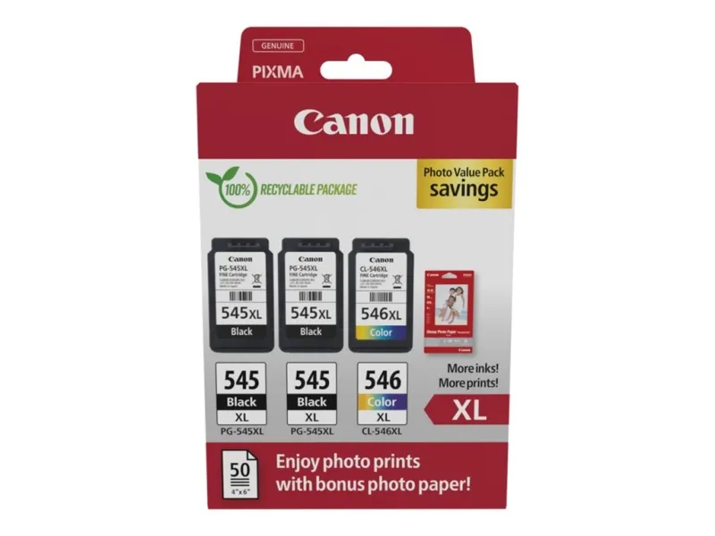Canon Pg545Xl Negro + Cl546Xl Color Pack De 3 Cartuchos De Tinta Originales + 50 Hojas De Papel Fotografico - 8286B015