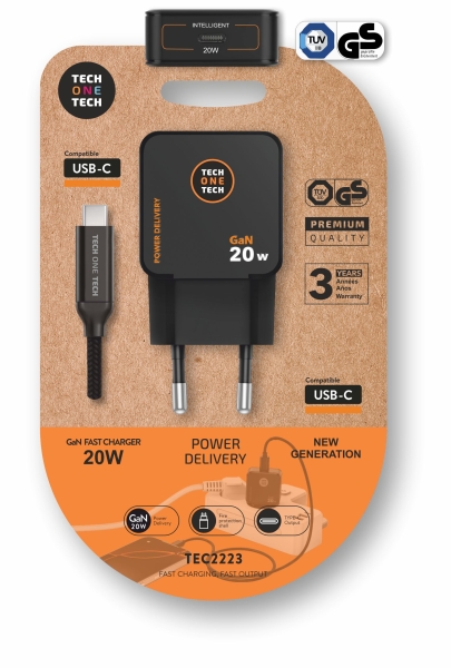 Techonetech Cargador De Pared Ultrarrápido Gan 20W Negro + Cable Usb-C