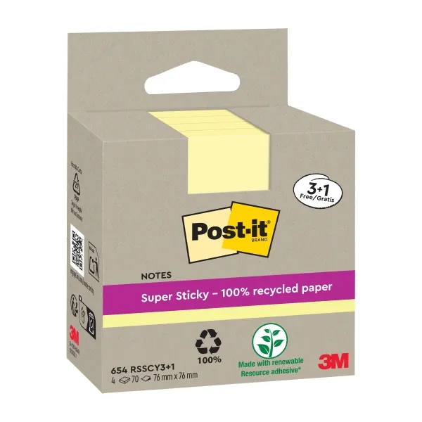 Post-It Super Sticky Pack De 4 Blocs De 70 Notas Adhesivas Recicladas - Forma Cuadrada - 76X76Mm - Color Amarillo Claro