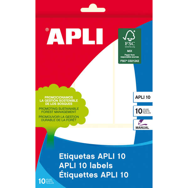 Apli Pack De 40 Etiquetas Rectangulares 38X102Mm - 10 Hojas Por 4 Etiquetas - Adhesivo Permanente - Cantos Romos - Color Blanco