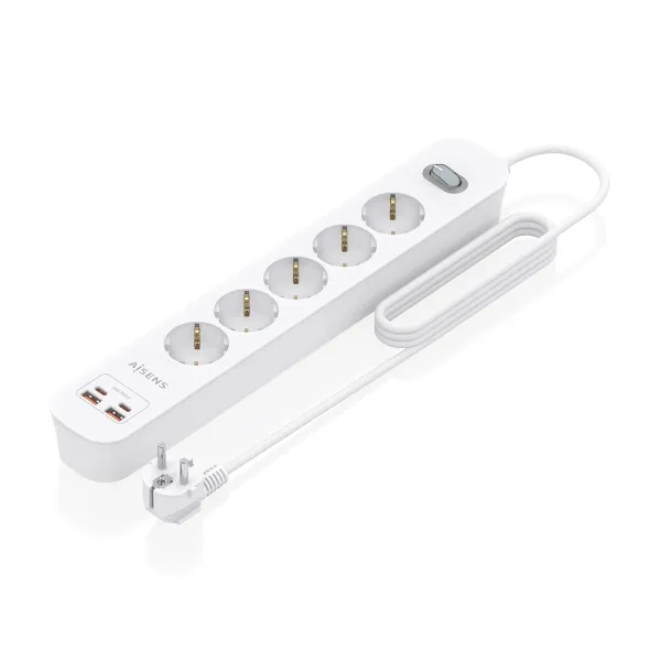 Aisens Regleta Con 5 Tomas Schuko - 2Xusb-C - 2Xusb-A - Cable De 1.4M - Interruptor Con Indicador Led - Power Delivery - Qualcomm 3.0 - Color Blanco