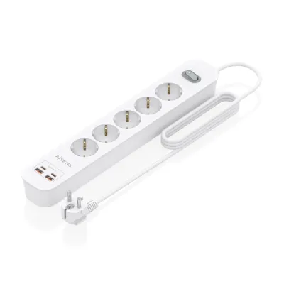 Aisens Regleta 5 Tomas Schuko con 2xUSB-C y 2xUSB-A, 1.4m, Interruptor LED, Power Delivery, Qualcomm 3.0, Blanco