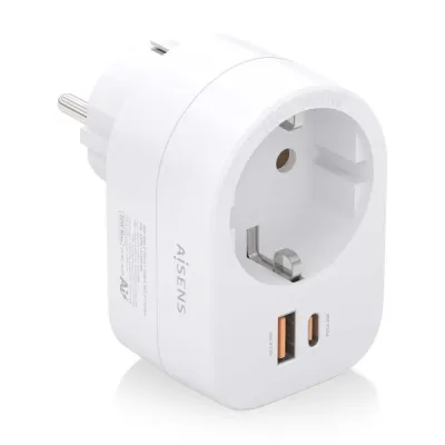 Aisens Regleta de Pared Multifunción 1 Toma + 1xUSB-C 20W PD3.0 + 1xUSB-A 20W QC3.0 Blanco